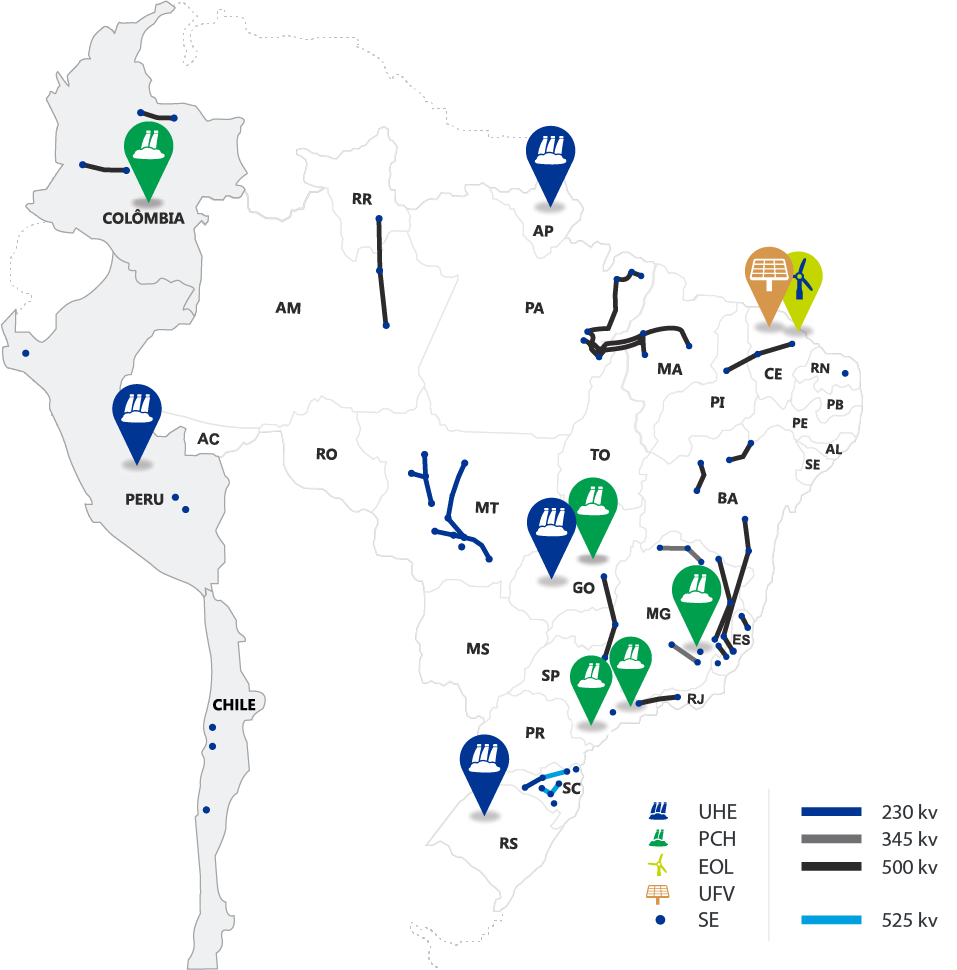 Mapa com a localização dos ativos da Alupar